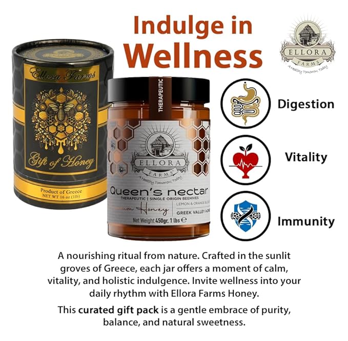 Ellora Farms Greek Honey Lemon &amp Orange Blossom Raw Honey Unfiltered 2025 Paris Platinum Award Non-GMO and Unpasteurized Gift Pack with Dipper - 450 g