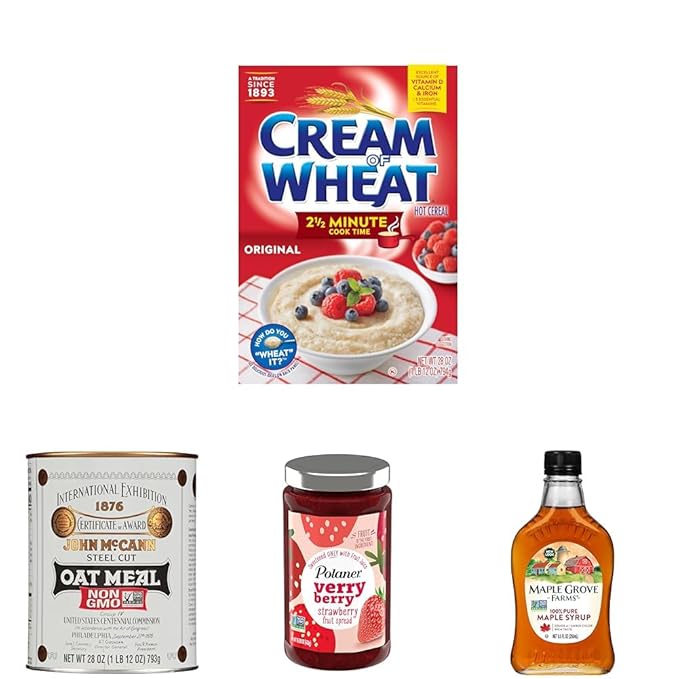 Bundle of Cream of Wheat Stove Top Hot Cereal + McCann's Traditional Steel Cut Oats + Polaner Verry Berry Strawberry Fruit Spread + Maple Grove Farms Pure Maple Syrup