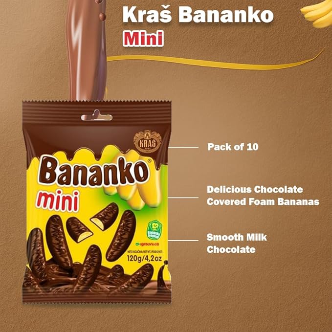 Kraš Bananko 120g - Irresistibly Delicious Mini Chocolate Covered Foam Bananas - Treat Yourself to Every Bite of Sweet Bliss! Pack of 5 (120G 10 Pack)