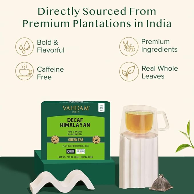 VAHDAM Decaf Himalayan Green Tea Bags (100 Pyramid Tea Bags) Caffeine Free Gluten Free | High Grown Decaf Green Tea | Resealable Ziplock Pouch | Pyramid Tea Bags