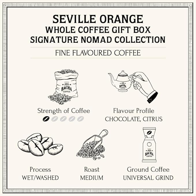 Bacha Coffee | Seville Orange Fine Flavoured Whole Beans Medium Roast 100% Arabica Specialty Coffee 250g Signature Nomad Collection Gift Box