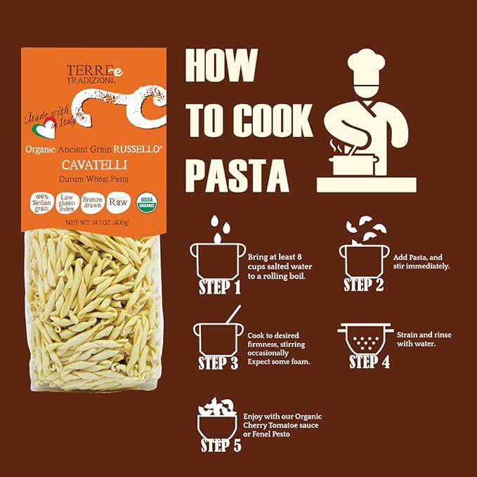 TERRE E TRADIZIONI 6 PACKS ORGANIC ITALIAN DURUM WHEAT CAVATELLI PASTA – Sicilian Ancient Grain Russello Vegan Crafted in Italy. LOW-GLUTEN INDEX. Has 6X More Fiber and Protein than Popular Grains