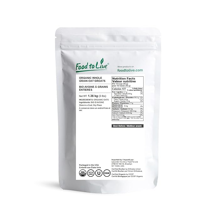 Food to Live Organic Oat Groats 3 Pounds - 100% Whole Grain Non-GMO Seeds Kosher Raw Non-Irradiated Vegan Bulk Low Glycemic Rich in Protein Fiber Copper and Manganese
