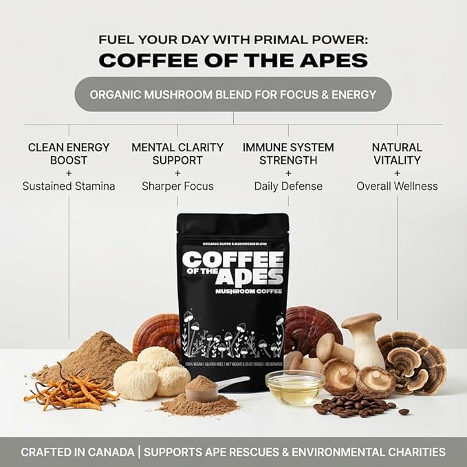 Coffee Of The Apes - Instant Mushroom Coffee: Real Arabica 6 Super Functional Mushrooms High Potency Adaptogens. Healthy Drink &amp Superfood Beverage