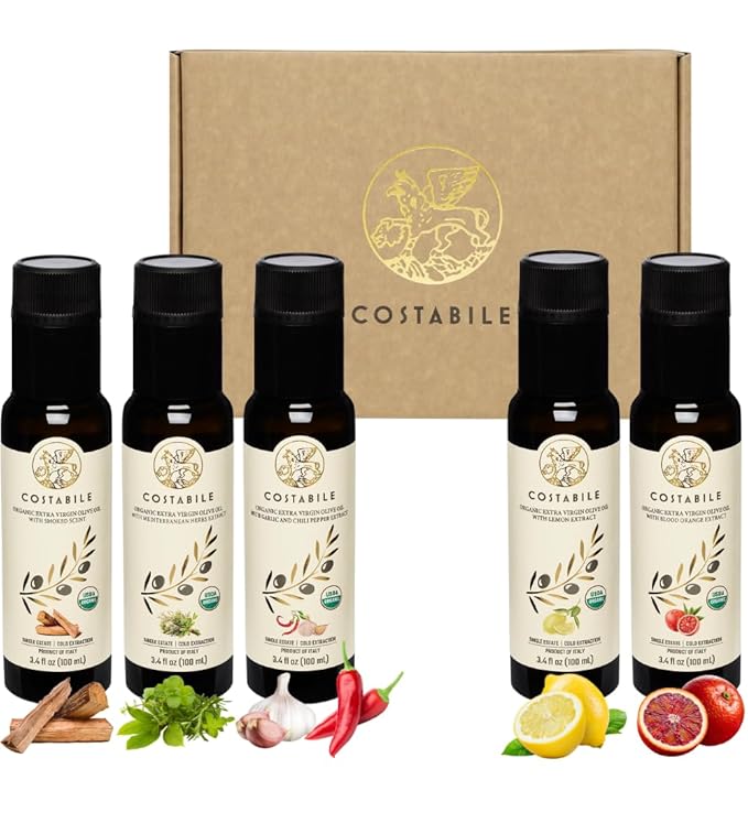 Flavored Olive Oil Gift Set - Organic Extra Virgin Olive Oil Sampler. Perfect Flavored Variety Pack for Italian Gifts Lovers and Foodies. Box 5 x 3.45 Fl.Oz.
