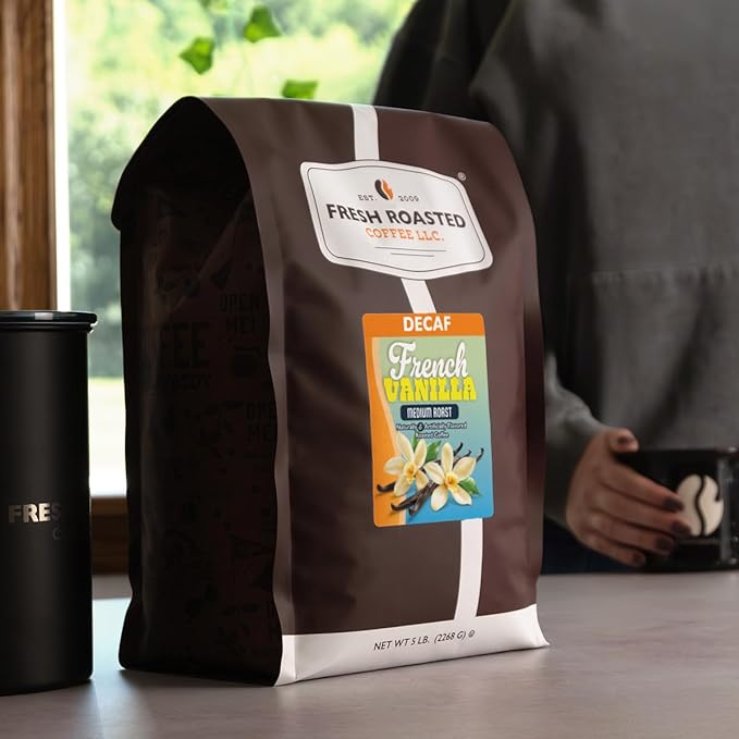 Fresh Roasted Coffee Decaf French Vanilla Flavored Coffee 5 lb (80 oz) Medium Roast Kosher Whole Bean
