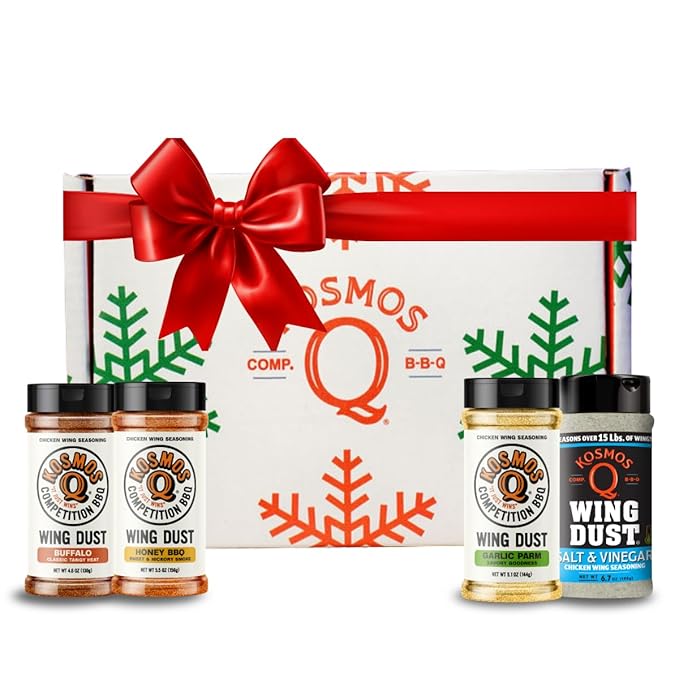 Kosmos Q Ultimate Chicken Wing Box Includes Buffalo Honey BBQ Garlic Parmesan and Salt &amp Vinegar Seasoning Gift Set for Chicken Popcorn Fries &amp More Gifts for Men