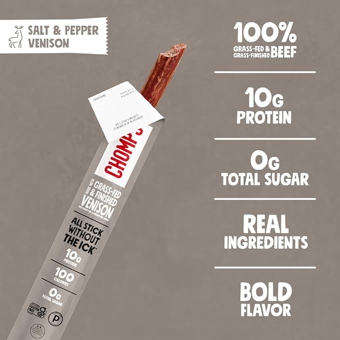 Chomps Grass Fed Venison Jerky Snack Sticks Keto &amp Paleo Whole30 Approved Non-GMO Gluten Free Sugar Free Nitrate Free 90 Calorie Snacks 1.15 Oz Meat Stick Pack of 24