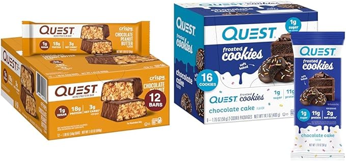 Quest Nutrition Crispy Chocolate Peanut Butter Hero Protein Bar 12 Count and Frosted Cookies Chocolate Cake Twin Pack Bundle