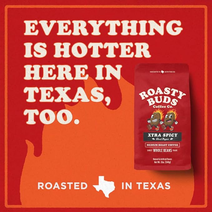 Roasty Buds Xtra Spicy Ghost Pepper Coffee | Premium Arabica Whole Beans The Original Spicy Coffee (12 oz) | Gluten-Free No Sugar/Dairy/Soy/Egg Medium Roast Coffee (12 Ounce Xtra Spicy Ghost Peppe