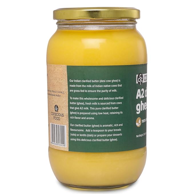 Conscious Food A2 Desi Cow Ghee - 33.814 Fl Oz (1L) Clarified Butter - 100% Pure and Premium Cultured Ghee Natural Grass Fed Indian Cow Non-GMO
