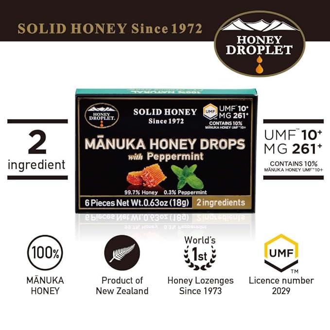 [HONEY DROPLET] 100% Manuka Honey Drops Truly Natural from New Zealand 2 Premium Ingredients 12 Packs (Peppermint UMF™10+)