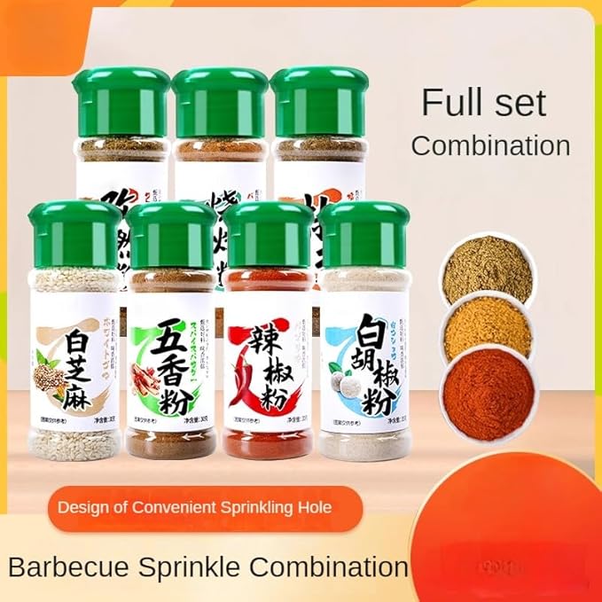 7 Bottles of Complete Combination Seasoning:Cumin Powder Barbecue Sprinkle Salt and Pepper Powder Anhui White Sesame Five-spice Powder Cayenne Pepper Selected White Pepper Total 225 Grams