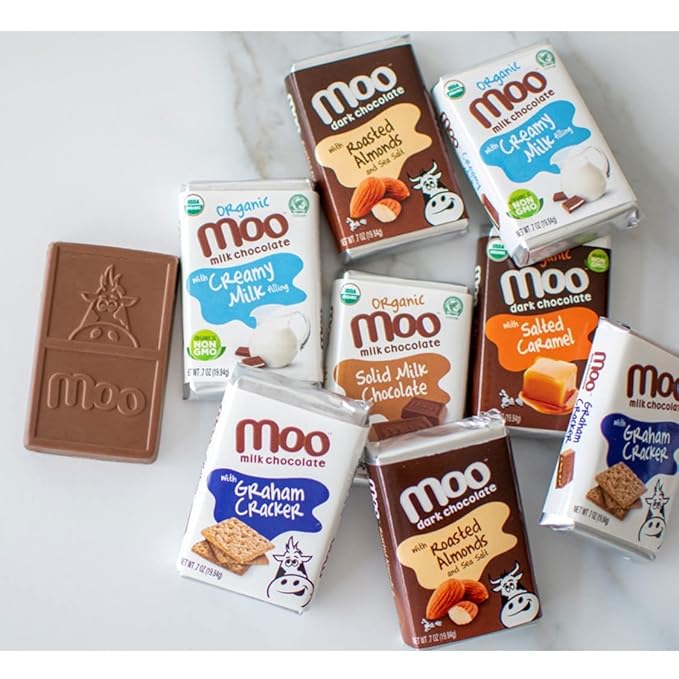 Moo Chocolates Organic Milk Chocolate Mini Bars with Creamy Milk Filling 0.7oz 28 ct (Pack of 2) | USDA Organic Non-GMO | 110 Calorie Snacks for On-the-Go Lunchboxes Office