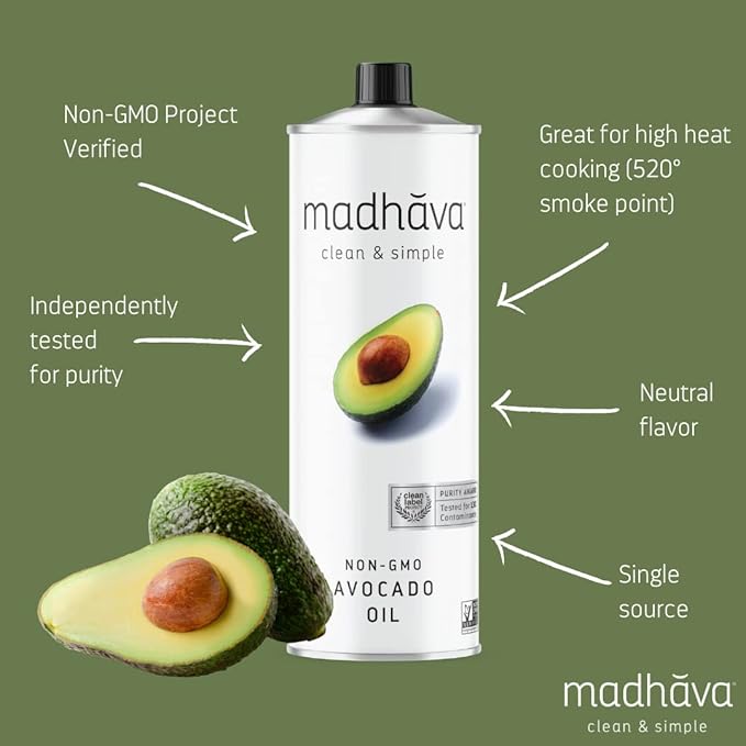 MADHAVA Avocado Oil (33.8 oz 1L Tin) Single Source 100% Pure Neutral Flavor High Heat Cooking Oil 520-Degree Smoke Point Non-GMO