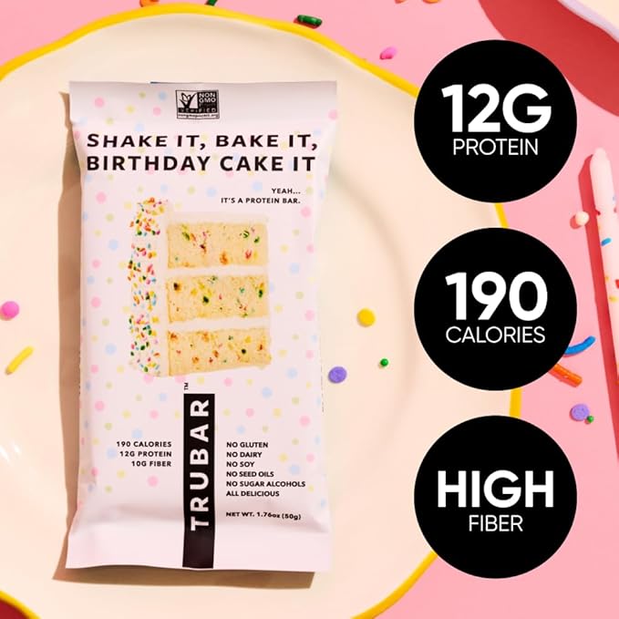 TRUBAR Vegan Protein Bar Shake it Bake it Birthday Cake it Gluten Free Plant Based Protein Dairy Free Non GMO Soy Free No Sugar Alcohols 12G Protein 12G Fiber 23G Carb Snack Bars 12ct