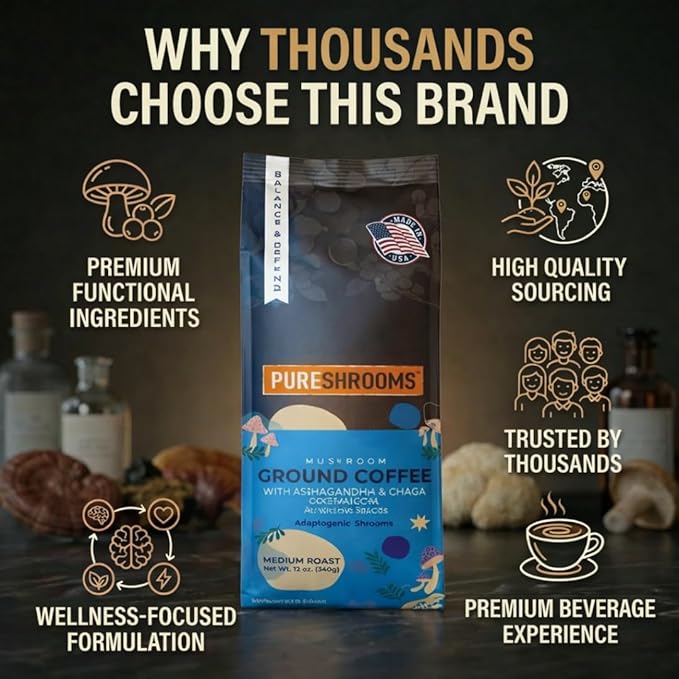 Mushroom Ground Coffee with Organic Ashwagandha Chaga L-theanine - Medium Roast 100% Arabica Beans - Adaptogenic Support for Balance &amp Immunity - (12 oz/340g)