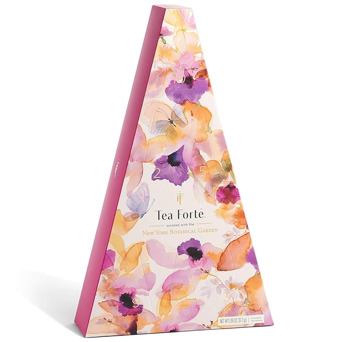 Tea Forte Tea Advent Calendar Gift Set 12 Individually Wrapped Handcrafted Assorted Pyramid Infuser Tea Bags with Numbered Doors Mariposa