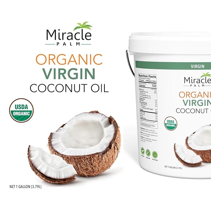 Miracle Palm Virgin Coconut Oil128 Fl Oz (Pack of 1) USDA Organic Non-GMO Raw &amp Unrefined - Ideal for Skin Hair Baby Care &amp Cooking - Cold Pressed &amp Pure - Long Lasting with Pleasant