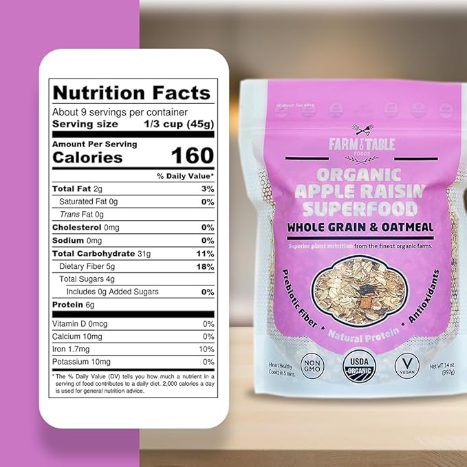 Farm to Table Foods Organic Oatmeal Variety Pack – High-Protein Plant-Based Unsweetened Non-GMO – 3-Pack (Apple Raisin Whole Grain Ultimate Organic)