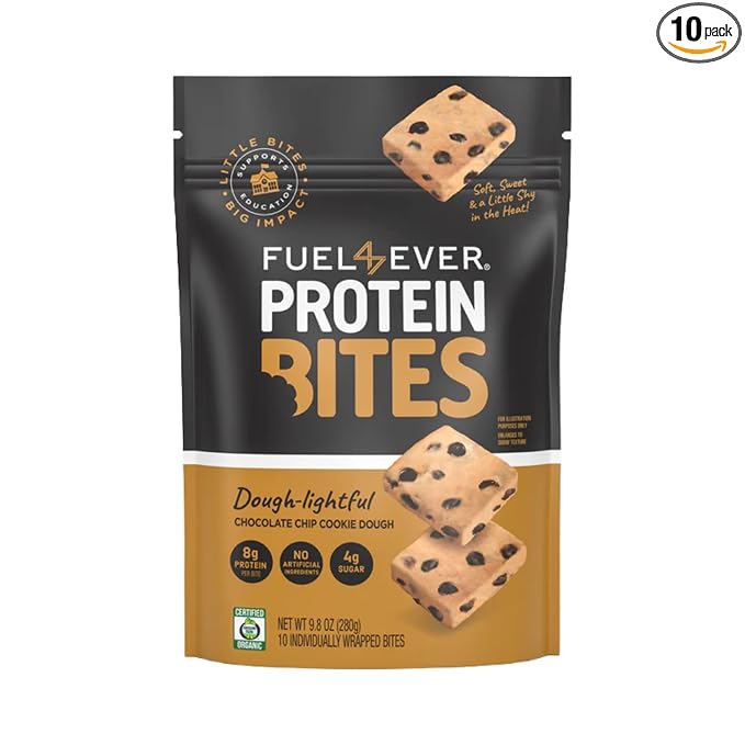 Fuel4Ever Protein Bites Chocolate Chip Cookie Dough | 8 G Protein Each | Certified Organic | 10 Individually Wrapped Bites