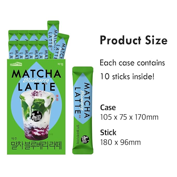 ROASTIQUE Official Café Mori Jeju Matcha Latte 10 Sticks 90 Calories Ceremonial Grade Green Tea Powder Sweetened Café Quality Drink Mix Blueberry 7 oz