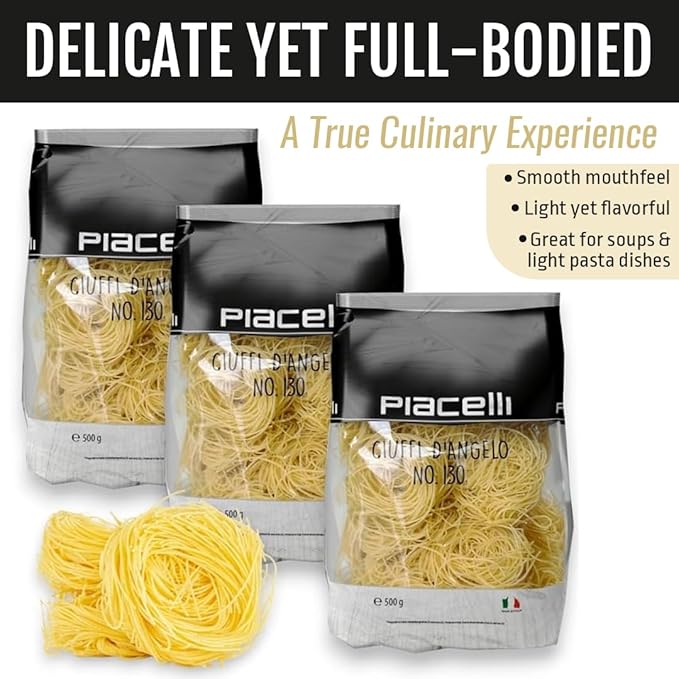 Piacelli Angel Tufts Pasta- Angel Pasta Made from Durum Wheat With Rich Taste &amp Silky Texture- Protein Noodles for Nutritious Italian Meals- Healthy Noodles Loved by Families for Everyday Cooking-