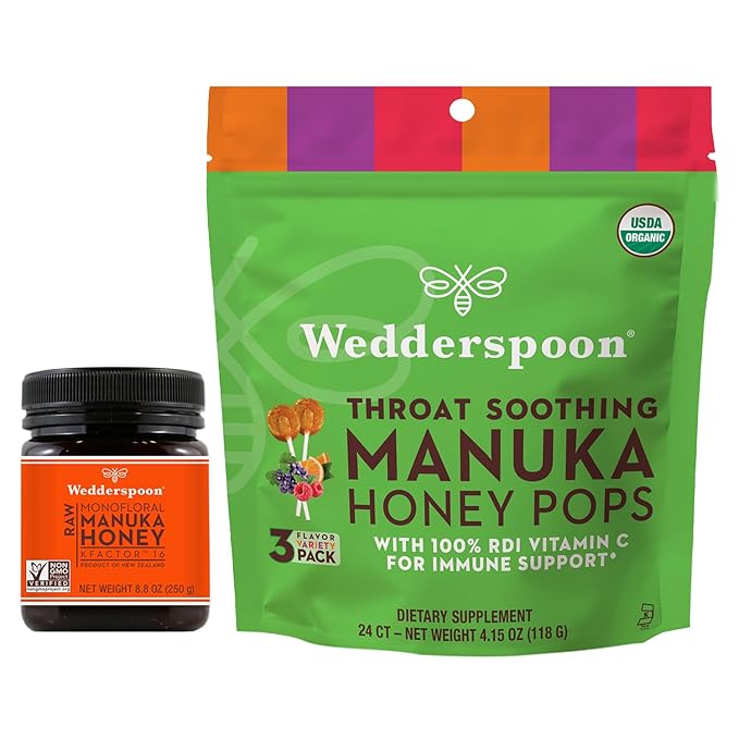 Wedderspoon Raw Premium Manuka Honey KFactor 16 (8.8 Oz Pack of 1) and Manuka Honey Lollipops Variety Pack (24 Count Pack of 1) - Genuine New Zealand Honey Perfect Remedy For Dry Throats