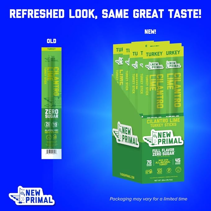 New Primal Cilantro Lime Turkey Sticks Keto Gluten Free Healthy Snacks for Adults Sugar Free Low Carb High Protein Paleo Whole30 Jerky Meat Stick 7g Protein 45 Calories 1oz (Pack of 20)