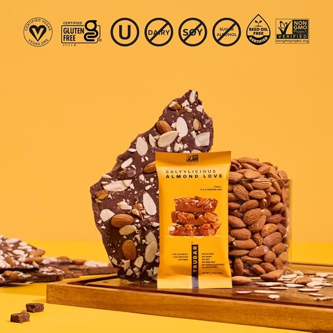 TRUBAR Vegan Protein Bar Saltylicious Almond Love Gluten Free Plant Based High Fiber Dairy Free Low Fat Non GMO No Sugar Alcohols 12G Lean Protein 13G Fiber Healthy Snack Bars 12 CT