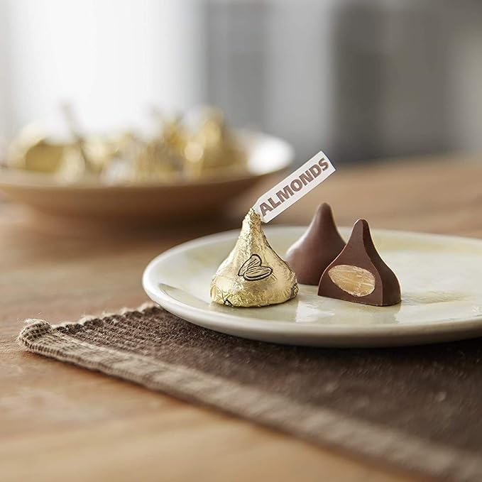 Kisses with Almonds Milk Chocolate Candy - 2lb Bulk Kisses Individually Wrapped Chocolate Candy in Gold Foils - Almond Candy Bulk Bag - 2 Pounds
