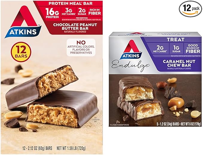 Atkins Chocolate Peanut Butter Protein Meal Bar 16g Protein 12 Count and Caramel Nut Chew Bar 1g Sugar 5 Count
