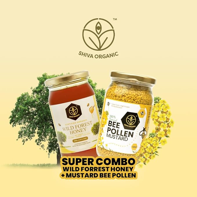 Shiva Organic Combo - Wild Forest Honey 250g &amp Mustard Bee Pollen 125g | Pure and Wholesome Superfoods