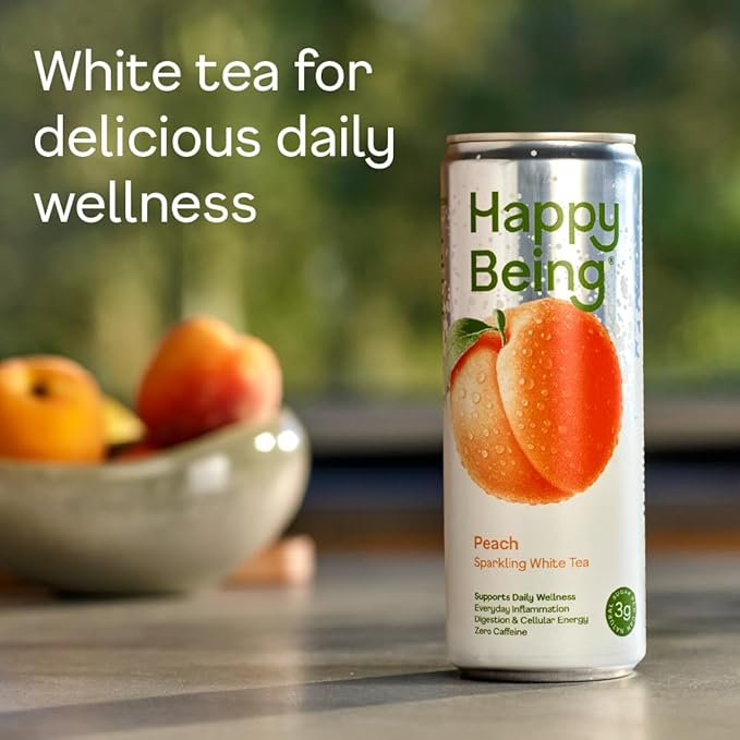Happy Being Peach Sparkling White Tea – Antioxidant &amp Polyphenol Rich Infused with Turmeric Elderberry Caffeine Free Plant-Based Low Sugar &amp Low Calorie Drinks 12oz (16 Pack)
