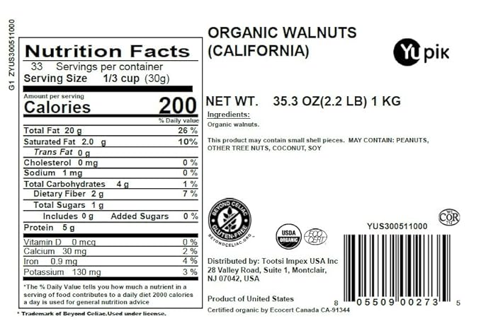 Yupik Organic Raw California Walnuts Halves 2.2 lb (35.2 oz) Kosher Gluten-Free Non-GMO Vegan Half Nuts Unsalted Unroasted Source of Omegas Healthy Snacks Ideal for Baking &amp Cooking