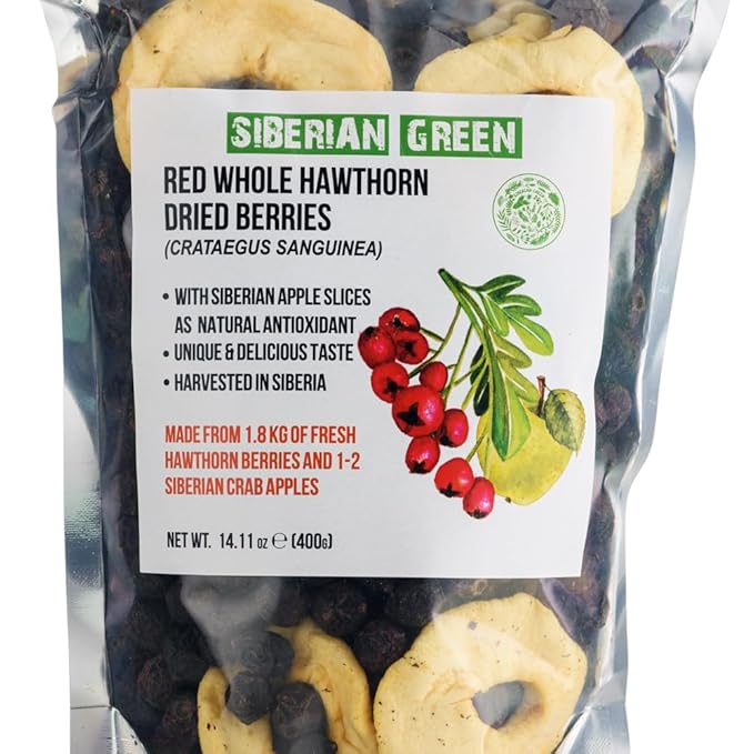 Siberian Green Whole Red Hawthorn Dried Berries 400g (14.11oz) Wild Harvested Crataegus Sanguinea from Altai with Apples slices as antioxidant