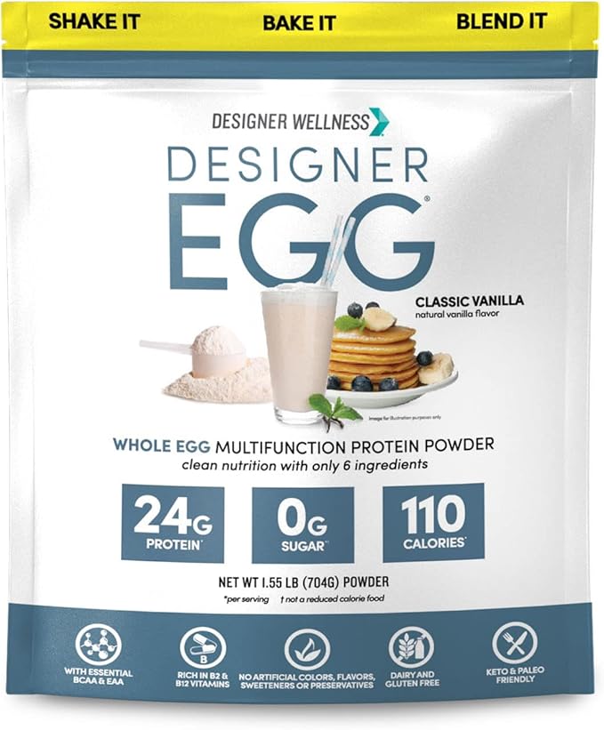 Designer Wellness Designer Egg Natural Egg Yolk &amp Egg White Protein Powder Keto and Paleo Friendly Low Calorie Less Fat and Cholesterol Classic Vanilla 1.55 Pound