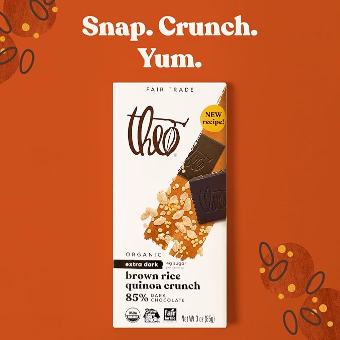 Theo Chocolate Brown Rice Quinoa Crunch Organic Dark Chocolate Bar 85% Cacao 12 Pack | Vegan Fair Trade