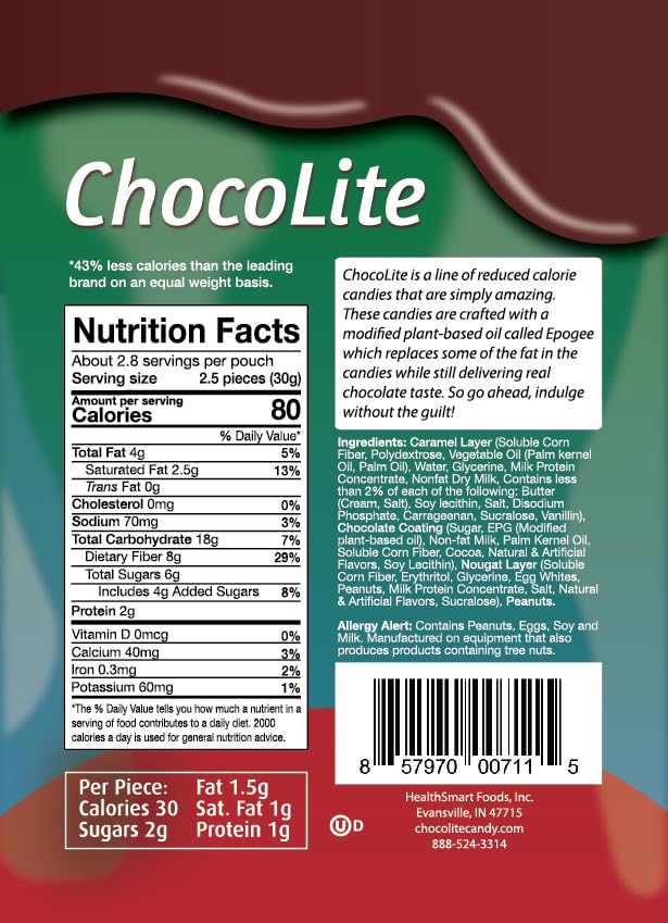 ChocoLite Peanut Caramel Nougat | 30 Calories per Piece | Pack of 6 Pouches