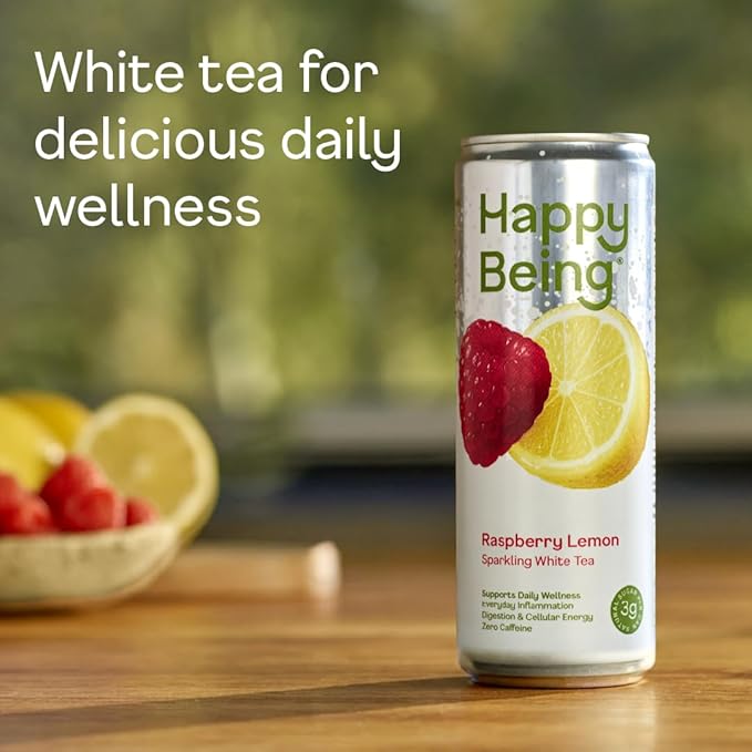Happy Being Raspberry Lemonade Sparkling White Tea – Antioxidant &amp Polyphenol Rich Infused with Turmeric Elderberry Caffeine Free Plant-Based Low Sugar &amp Low Calorie Drinks 12oz (16 Pack
