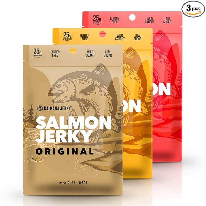 Kaimana Jerky Wild Caught Salmon Jerky - Organic Dried Fish Strips Rich in Omega-3 Protein - Low-Calorie Seafood Snack with No Gluten Less Sodium &amp Sugar - Original Teriyaki Spicy Flavors - 3-