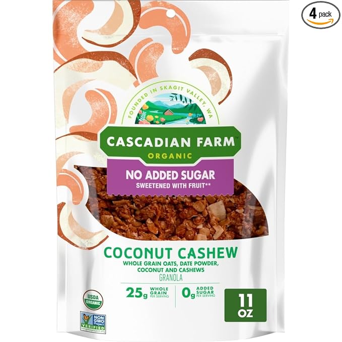 Cascadian Farm Granola Coconut Cashew No Sugar Added 11 oz (Pack of 4)