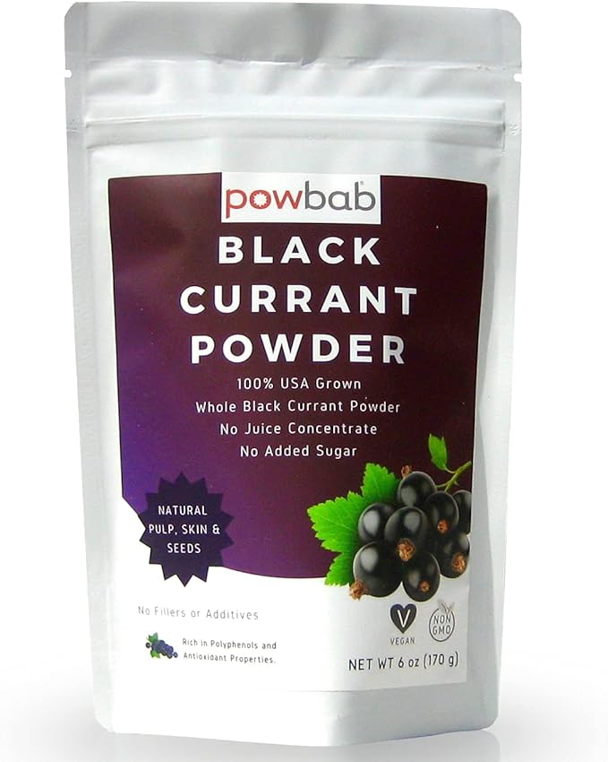 powbab Black Currant Powder - 100% USA Grown Whole Black Currants. No Juice Concentrate No Added Sugar. Made in USA from Dried Currants Unsweetened. Not Freeze Dried. Non-GMO No Maltodextrin. (6 oz)