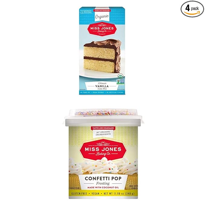Miss Jones Baking Organic Cake and Cupcake Mix with Buttercream Frosting Perfect for Icing and Decorating: Moist Vanilla Yellow Cake and Confetti Pop Frosting (Pack of 4)