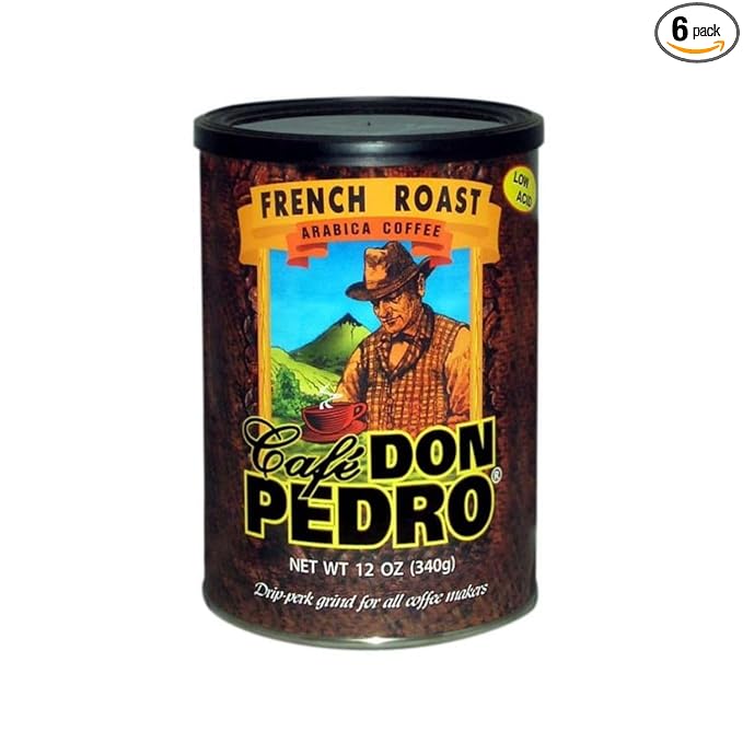 Cafe Don Pedro French Roast Naturally Low Acid Coffee Dark Roast Stone Ground Coffee Stomach Friendly Prevents Acid Reflux. 12 Ounce Regular Can 6 Cans