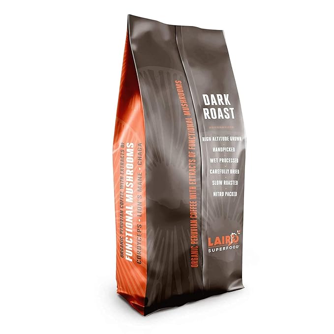 Laird Superfood Peruvian Dark Roast Coffee with Functional Mushrooms Certified Organic Peruvian Ground Coffee Beans Gluten-Free Dairy-Free Non-GMO Paleo Keto Friendly 12 oz. Bag Pack of 6
