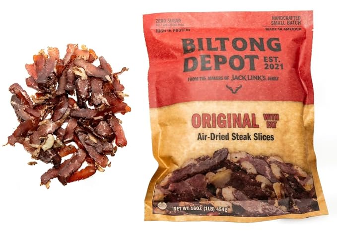 Biltong Depot Original Beef Biltong Slices with Fat – 1lb (16oz) | Air-Dried Beef Jerky Snack | High Protein | Zero Sugar | Keto &amp Paleo Friendly | Gluten Free | No Artificial Preservatives | No M