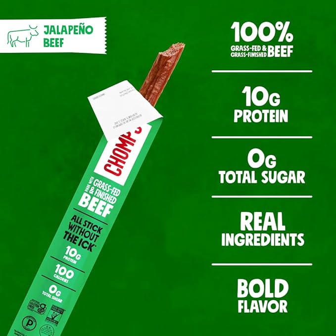Chomps Grass-Fed and Finished Jalapeño Beef Jerky Snack Sticks 24-Pack - Keto Paleo Whole30 10g Lean Meat Protein Gluten-Free Zero Sugar Food Non-GMO