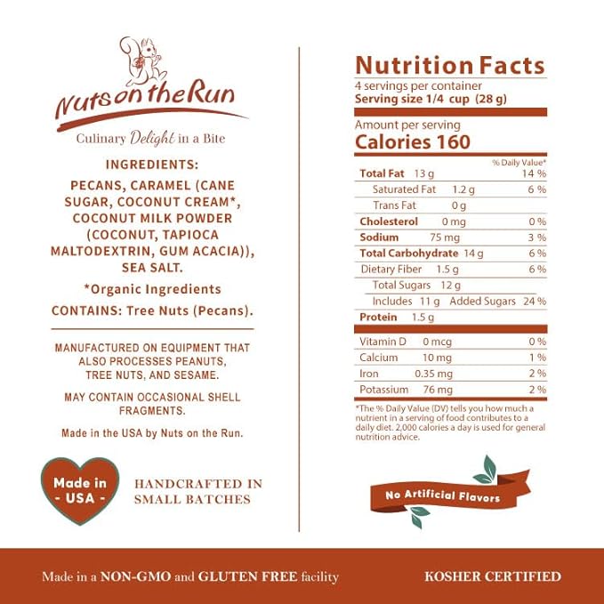 Nuts on the Run Sea Salt Caramel Pecan Pralines – Candied Pecans with Salted Caramel - Vegan Gluten-Free Kosher Non-GMO Glazed Pecans – 4oz (Pack of 3 Pouch Bags) Handmade Snacks
