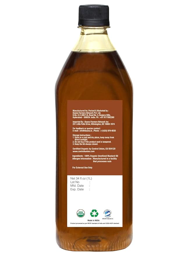 Daana Mustard Oil: CERTIFIED USDA ORGANIC EXTRA VIRGIN COLD PRESSED 34 Oz (Pack of 1)